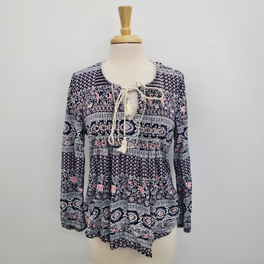 Daniel Rainn Navy‎ Red Floral Peasant Boho Top Size M Long Sleeve Lightweight